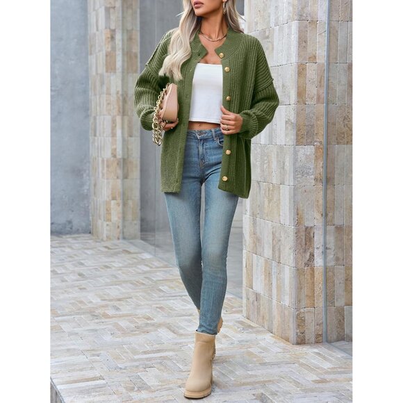 Trendy Lantern Sleeve Women's Cardigan - Soft Ribbed Knit Mock Neck Jacket - Picture 5 of 5